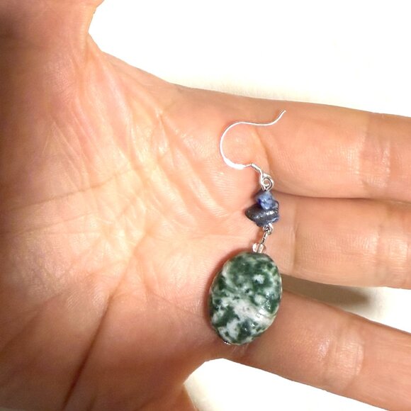 2/$20, Genuine Green Tree Agate & Lapis Lazuli Gemstone Sterling Silver Earrings - Picture 10 of 11